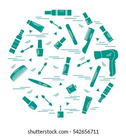 Vector illustration various accessories for the care of your body arranged in a circle: hairdryer, comb, cream, nail polish and other. Design element for postcard, banner, flyer, poster or print. 