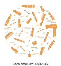 Vector illustration various accessories for the care of your body arranged in a circle. Hairdryer, comb, cream, nail polish and other. Design element for postcard, banner, flyer, poster or print. 