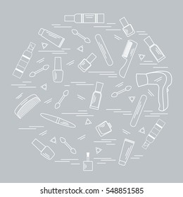 Vector illustration various accessories for the care of your body arranged in a circle: hairdryer, comb, cream, nail polish and other. Design element for postcard, banner, flyer, poster or print. 