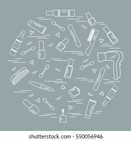 Vector illustration various accessories for the care of your body arranged in a circle: hairdryer, comb, cream, nail polish and other. Design element for postcard, banner, flyer, poster or print. 