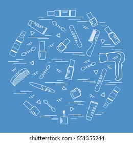 Vector illustration various accessories for the care of your body arranged in a circle: hairdryer, comb, cream, nail polish and other. Design element for postcard, banner, flyer, poster or print. 