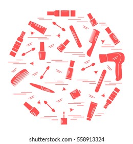Vector illustration various accessories for the care of your body arranged in a circle: hairdryer, comb, cream, nail polish and other. Design element for postcard, banner, flyer, poster or print. 