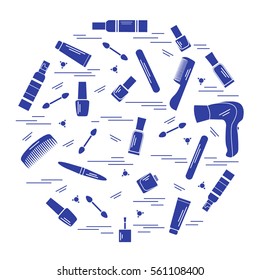 Vector illustration various accessories for the care of your body arranged in a circle: hairdryer, comb, cream, nail polish and other. Design element for postcard, banner, flyer, poster or print. 