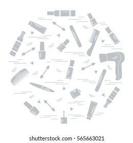 Vector illustration various accessories for the care of your body arranged in a circle: hairdryer, comb, cream, nail polish and other. Design element for postcard, banner, flyer, poster or print. 