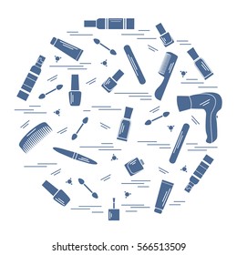 Vector illustration various accessories for the care of your body arranged in a circle: hairdryer, comb, cream, nail polish and other. Design element for postcard, banner, flyer, poster or print. 