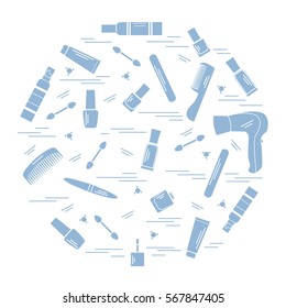 Vector illustration various accessories for the care of your body arranged in a circle: hairdryer, comb, cream, nail polish and other. Design element for postcard, banner, flyer, poster or print. 