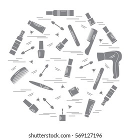 Vector illustration various accessories for the care of your body arranged in a circle: hairdryer, comb, cream, nail polish and other. Design element for postcard, banner, flyer, poster or print. 