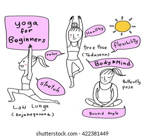 vector illustration -various actions of lovely girl with her basic yoga poses such as low lunge pose, butterfly pose and tree pose. Yoga for beginners poses including wordings about benefit of yoga. 