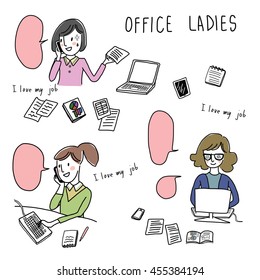 vector illustration - various actions of office ladies in workplace such as talking on phone, working on computer. Set of confident women working and busy office workers.