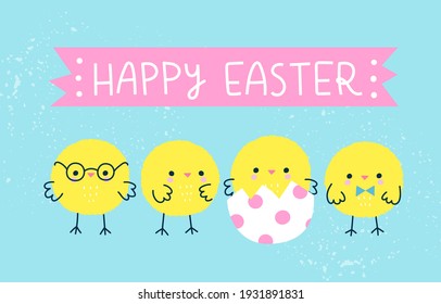 Ilustración vectorial de varios adorables pollos y un mensaje de Pascua Feliz. Diseño de pancartas o tarjetas para la celebración de la fiesta de primavera en colorido estilo caricatura.