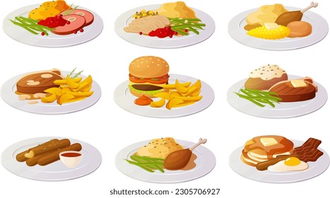 Vector illustration of various american dishes and snacks isolated on white background	