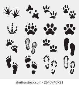 Vector illustration of various animal and human footprints and shoe prints in black color