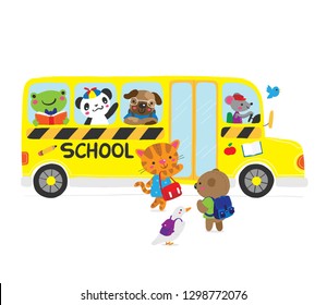 Vector illustration of various animals boarding yellow school bus