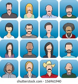 Vector illustration of various anonymous faces with mustaches. Easy-edit layered vector EPS10 file scalable to any size without quality loss. High resolution raster JPG file is included.