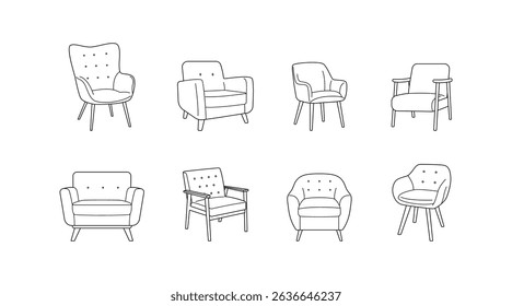 Vector illustration of various  armchair silhouettes in modern and vintage styles. Perfect for interior design, furniture catalogs, home decor, and graphic projects. Isolated on white.