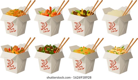 Vector illustration of various Asian Chinese take out foods in boxes. svg