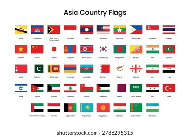 Vector illustration of various Asian country flags displayed in a grid format, each flag representing a different nation in Asia.