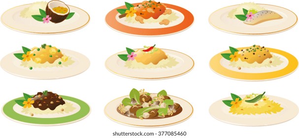 Vector illustration of various asian dishes.