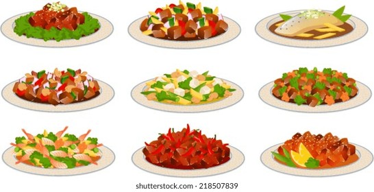 Vector illustration of various asian food dishes.