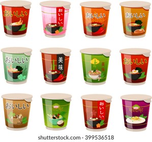 Vector illustration of various asian instant noodle soups. The characters in japanese, chinese and hindi mean 'delicious'