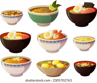 Vector illustration of various asian noodle soups in colorful bowls isolated on white background.	