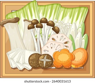 Vector illustration of various Asian vegetables and mushrooms with earthy tones and detailed textures, perfect for culinary-themed projects