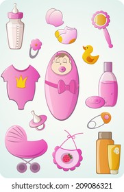 Vector illustration of various baby girl items.