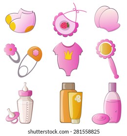 Vector illustration of various baby girl icons.