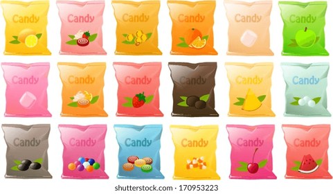 Vector illustration of various bags of candy.
