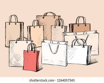 Ilustración vectorial de varias bolsas para compras