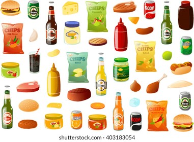 Vector illustration of various BBQ food items.