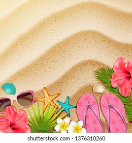 Vector illustration of various beach objects and plants in sand. Empty space for text. Summer holiday background.