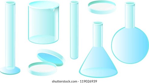 Vector illustration of various beakers, flasks and petri dishes for scientific experiments.