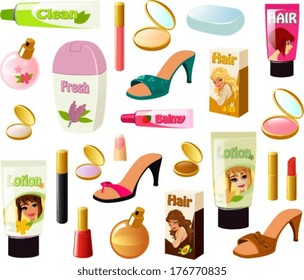 Vector illustration of various beauty items.