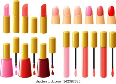 Vector illustration of various beauty products.
