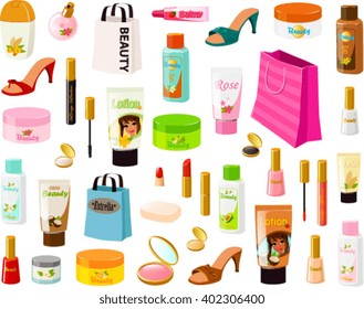 Vector illustration of various beauty products.