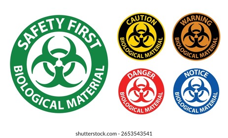 Vector illustration of various biological hazard warning signs in different colors, including green, yellow, red, and blue.