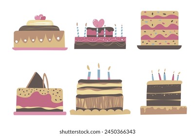 Vector illustration of various birthday cakes, flat design, isolated on white.