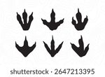 Vector illustration of various black dinosaur footprints on a white topographic background. Prehistoric theropod tracks in silhouette style, ideal for educational or themed design projects