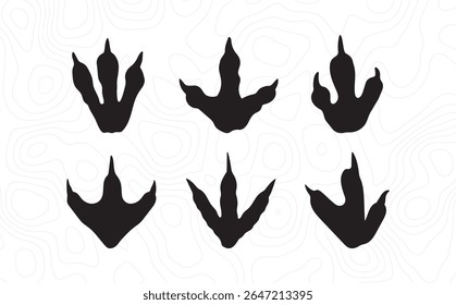Vector illustration of various black dinosaur footprints on a white topographic background. Prehistoric theropod tracks in silhouette style, ideal for educational or themed design projects