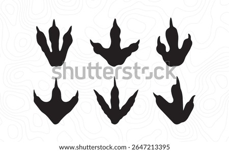 Vector illustration of various black dinosaur footprints on a white topographic background. Prehistoric theropod tracks in silhouette style, ideal for educational or themed design projects