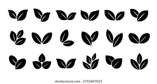 Vector illustration of various black leaf icons arranged in rows. Each icon features different leaf shapes and arrangements, ideal for design projects.