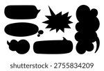 Vector illustration of various black speech and thought bubbles, including round, rectangular, and starburst shapes, ideal for comic or graphic design use.