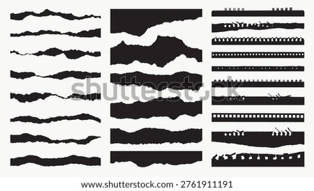 Vector illustration of various black torn paper edges and film strip silhouettes on a white background, showcasing different textures and patterns.