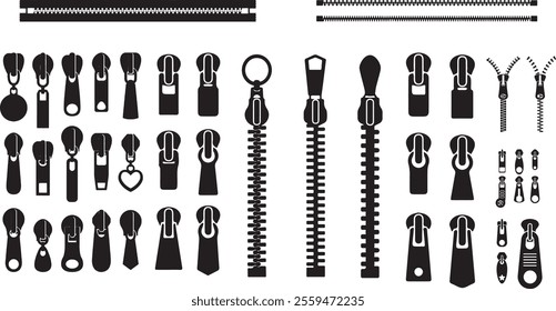 Vector illustration of various black zipper silhouettes, including pulls, sliders, and teeth designs. Ideal for fashion, tailoring, sewing, and garment concepts