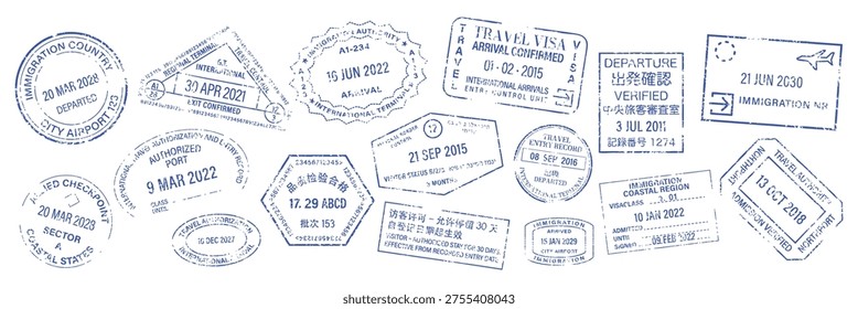 Vector illustration of various blue passport stamps with dates ranging from 2015 to 2030, featuring travel and immigration themes.
