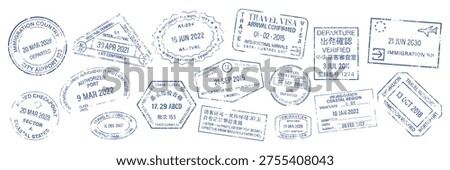 Vector illustration of various blue passport stamps with dates ranging from 2015 to 2030, featuring travel and immigration themes.