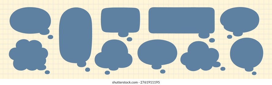 Vector illustration of various blue speech bubbles on a grid background. Includes different shapes like ovals, rectangles, and clouds for diverse design needs.