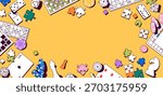 Vector illustration with various board games and playing elements. Includes chess, poker chips, domino, dice, cards, puzzles, and meeples. Perfect for game design, hobby, entertainment events.