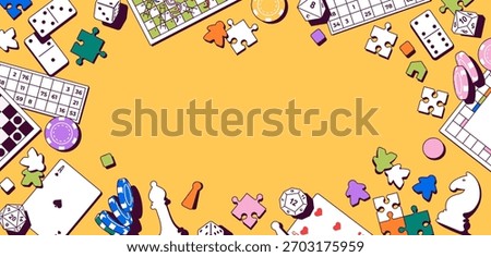 Vector illustration with various board games and playing elements. Includes chess, poker chips, domino, dice, cards, puzzles, and meeples. Perfect for game design, hobby, entertainment events.